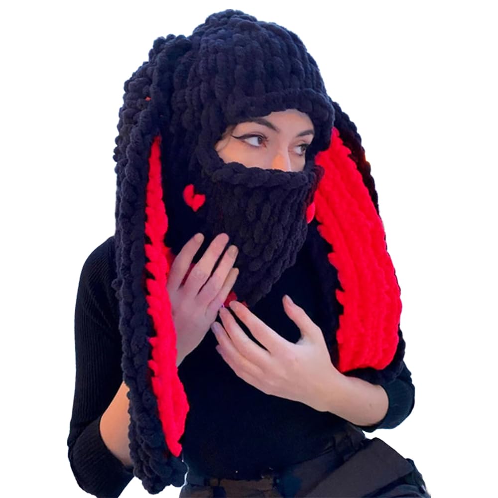 Thickened Crochet Knit Balaclava Hat for Women Girls, Funny Long Bunny Ears Beanie Hat with Scarf Mask Thermal Headwear