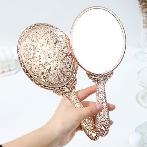 Image of KIRA Hand Mirror Makeup Mirrors Vintage Handheld Decorative Personal Vintage Cosmetic Travel Mirrors Oval Embossed Flower Mirrors with Handle for Women (Silver Black Gold Rosegold-Any ONE)