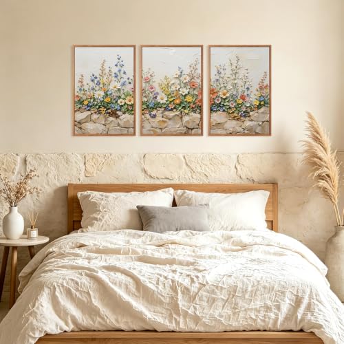 Image of CHDITB 3D Colorful Wildflower Wall Art,Neutral Rustic Stone Botanical Decor
