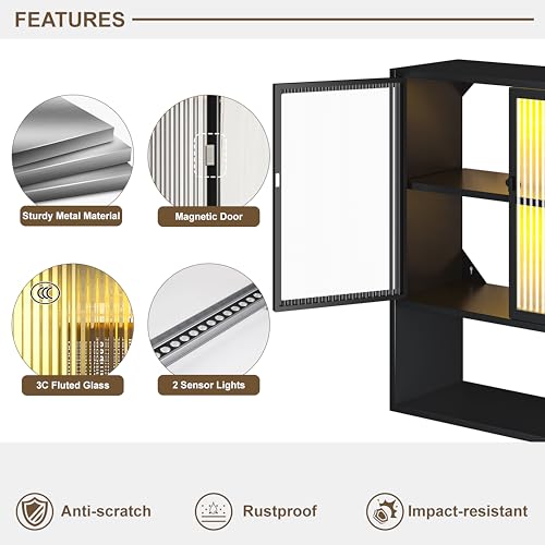 Image of Wall Mounted Bathroom Cabinet with Glass Doors, Metal Over Toilet Storage Cabinets with Open Shelves, Medicine Cabinets for Bathroom, Living Room, Bedroom, Black