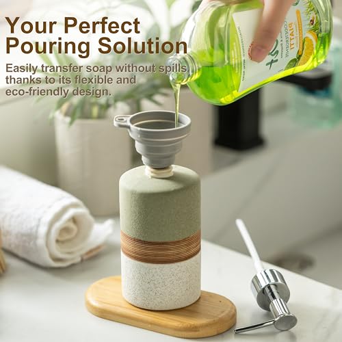 Image of Ceramic Dish Soap Dispenser for Bathroom Shower Hand Soap Dispenser | Refillable Shampoo and Conditioner Bottle, Stainless Steel Pump, Silicone Funnel | Non-Slip Lotion Dispenser, Green and White