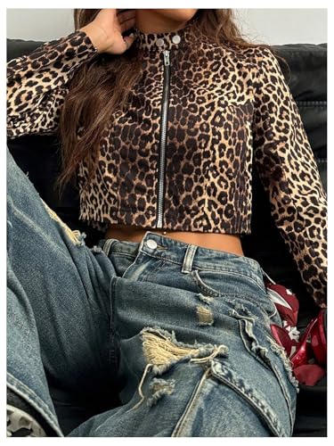 MakeMeChic Women's Leopard Print Zipper Bomber Long Sleeve Cropped Jacket3