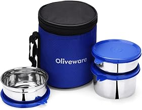 oliveware Lovely Stylo Lunch Box, Leak Proof & BPA Free Lid, 3 Stainless Steel Containers (2x290ml & 450ml), Fabric Jacket - Blue