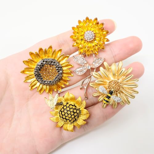 Image of Honbay 4PCS Sparkling Rhinestones Sunflower Brooch Pins Enamel Alloy Flower Bee Brooches Daisy Breastpin Lapel Pins Hat Scarf Shawl Sweater Cardigan Clips