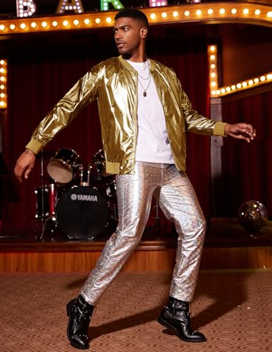 COOFANDY Men's Metallic Jacket 70s Disco Dance Party Costume Shiny Varsity Zipper Baseball Bomber Jacket