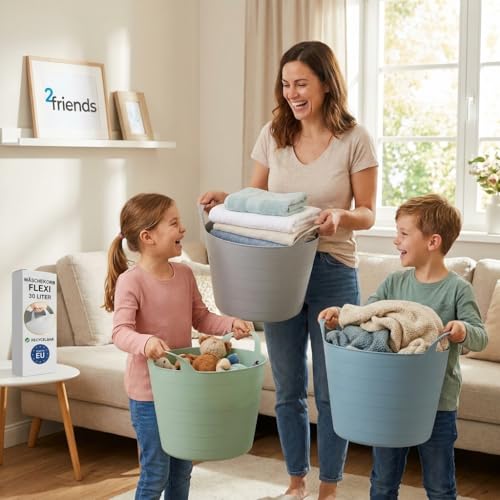 Wäschewanne Flexibel 3er Set 30L – Robuster Wäschekorb Kunststoff mit Griffen – Universeller Tragekorb für Wäsche, Garten & Spielzeug – Made in EU – Ø 40 cm Mehrzweckkorb Farbsortiert