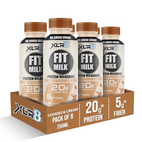 Image of XLR8 FitMilk Protein Milk | 20g Protein Milkshake 250ml (Pack of 6) | 5g Fibre | Roasted Almond | No Added Sugar | Contains Prebiotic Fiber | Ideal for Early Mornings, Pre & Post Workouts Energy Drink