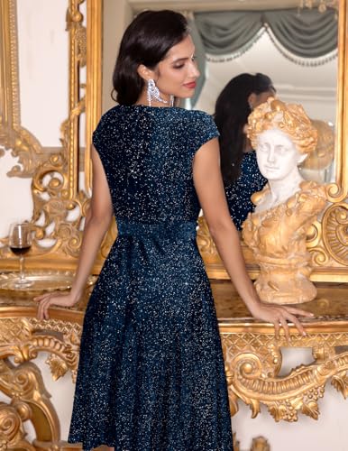 DRESSTELLS Cocktailkleid Damen Glitzerkleid Rockabilly Abendkleider Elegant Hochzeitsgast Silvester Outfit Swing Festliche Weihnachtskleid Glitter Navy M
