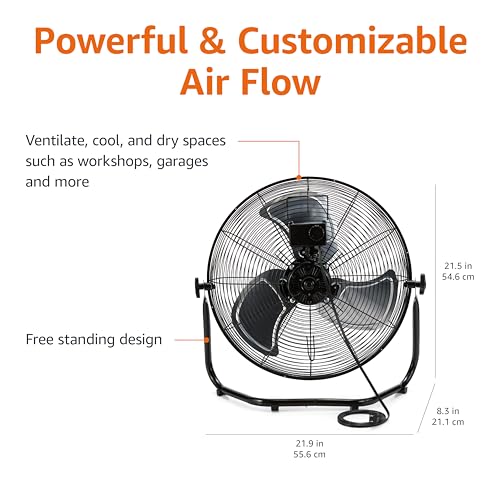 Image of Amazon Basics 18 inch High Velocity Industrial Floor Fan with 3 Speeds, Powerful Airflow, Air Circulator, Tilt Head, ETL-Listed Safety Compliance, Metal Housing /Blades, for Commercial Space 100W, Black