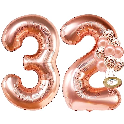 KatchOn, Rose Gold 32 Balloon Numbers - Huge 40 Inch, Pack of 12 | Confetti Balloons | 32 Birthday Decorations for Women | 32 Birthday Balloons, 32nd birthday Decorations for Women, Anniversary