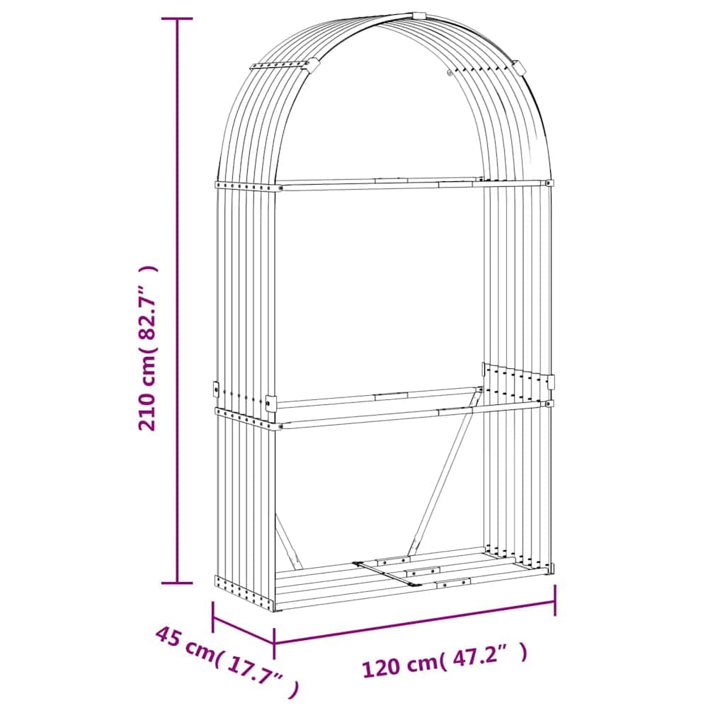 Fengshui Verzinkter Stahl Kaminholzunterstand 120x45x210 cm | Für Brennholz, Belüftung, 2 Wandhaken, Stahlblech, hellgrau