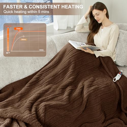 Heated Blanket Full Size 72"X84" Brown - Soft Double Sided Sherpa Electric Blanket Full Size with LED Display, 6 Heating Levels & 10 hrs Timer, Machine Washable & Fast Heating, Gift for Women