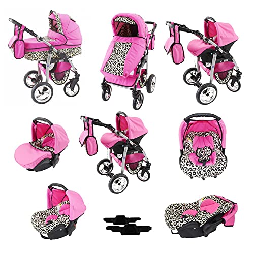 Kinderwagen 3in1 Megaset alles in einem Isofix Dino by ChillyKids Pink & Leopard 4in1 Autositz +Isofix