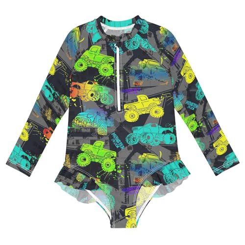 JHKKU Girls Long Sleeve Monster Truck Swimsuit One Piece Zipper Rash Guard Bathing Suit with UPF 50+ Sun Protection Ruffle Swimwear 3T