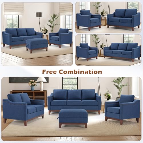Image of HAOMARKETS 4 Piece Chenille Sofa Set with Nailhead Trim, Included 2 Comfy Accent Chair with Thicked Cushion and 2 Upholstered Storage Ottoman with Flip-Top Table, Living Room Furniture Set,Blue
