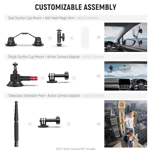 Image of NEEWER Triple Suction Cup Car Mount Kit with 2in1 Extension Pole /Selfie Stick, Quick Release Outside Windshield Magic Arm Camera Mount Compatible with Insta360 Action Cam, Cleaning Cloth, CA065