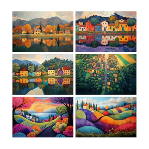 Image of SiddArtify Landscape Wall Art Poster Print Set - Colorful Village Poster Decor for Living Room Bedroom - 12x18 inch Sticker Pack of 6