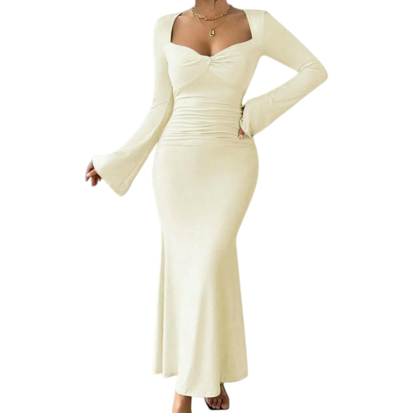 Vestito Elegante Abito Maxi Bodycon in Abricotto - Cullo con Maniche Flare per Festa, Sera E Indossamento Casual-Apricot-s