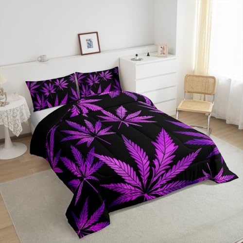 Image of Feelyou Marijuana Leaf Full Size Comforter Set Weed Leaf Botanical Black Purple Bedding Set for Kids Men Women Adults Cannabis Leaves Comforter Luxury Puple Hemp Quilt Set Room Decor 3Pcs