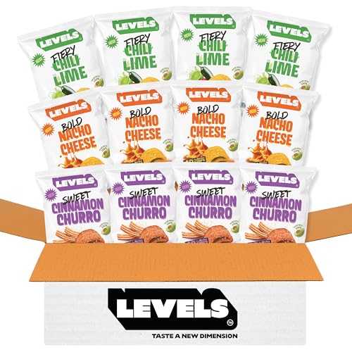LEVELS 4D Sweet Cinnamon Churro Chips Nacho Cheese & Chili Lime (12-Pack) by Brent Rivera Gluten-Free Non-GMO Crispy Avocado Oil Chips Corn & Potato Snacks 1 Oz