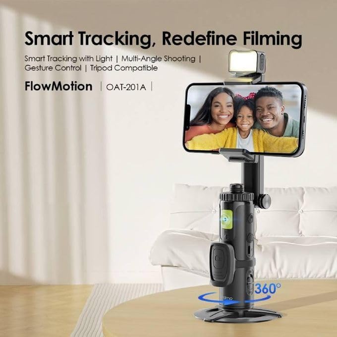 Oraimo FlowMotion Smart 3-Axis Gimbal Stabilizer OAT-201A demonstrating multi-angle shooting.