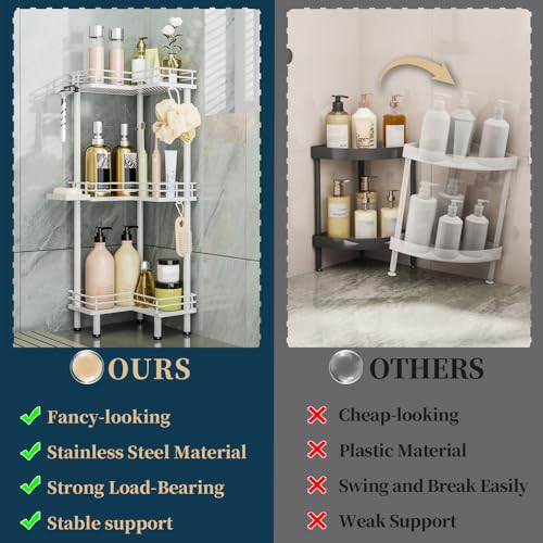 Image of Consumest Corner Shower Caddy Standing - 3-Tier Stainless Steel Shower Organizer with Soap Holder and 4 Hooks, Large Capacity Corner Shelf Stand for Bathroom, Rest Room, White
