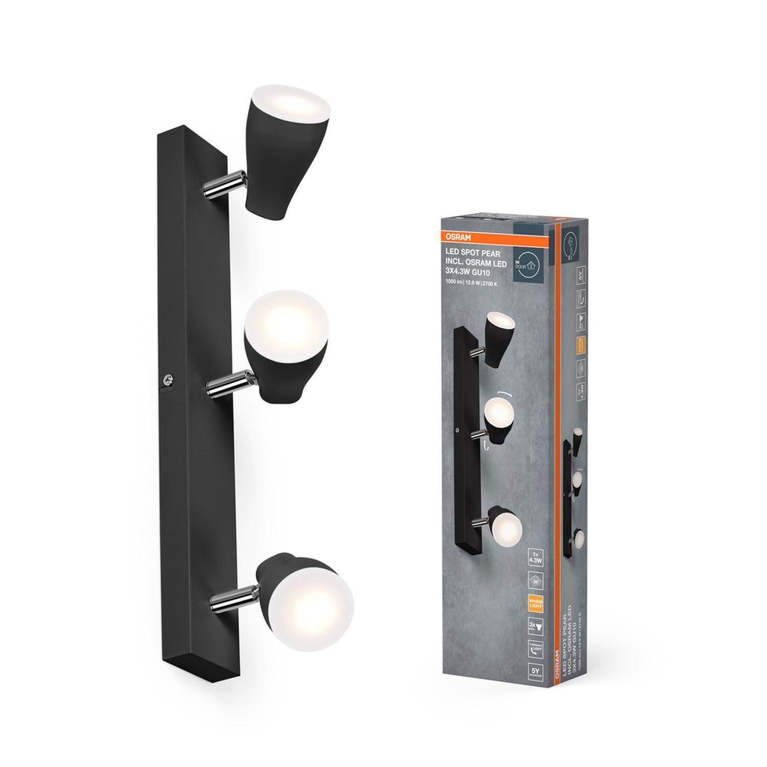 Osram LED SPOT PEAR - Foco de techo (430 mm, 12,9 W, 630 lm, luz direccional con luz blanca cálida, con foco flexible GU10, bombilla GU10 incluida, clase de protección IP20, 2700 K)