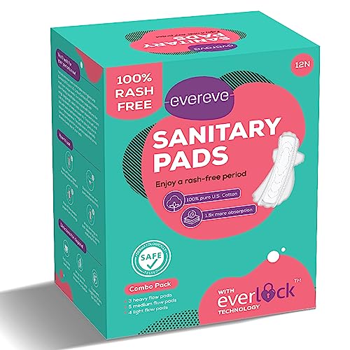Image of Evereve 100% Us Cotton Ultra Thin Rash Free Sanitary Pads For Women, 12 Pads, Heavy Flow-Xxl, Unscented, Leakproof, Zero Toxin, 50% Wider Back, Dermatologically Tested, Individual Disposal Bags