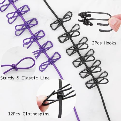Image of Nibbler Cloth Drying Rope with Hooks - Elastic Hanging Rope for Travel, Home, and Outdoor Drying - Includes 12 Clips-Kapde Sukhane ki Rassi Wire - Multicolour (2)