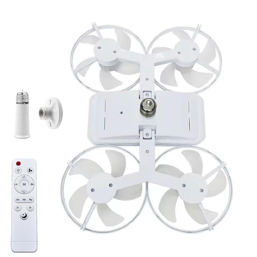 Drone-Style LED Ceiling Fan Light, Drone Ceiling Fan with Lights and Remote Control, 3 Speeds Adjustable, E27 Lamp Socket, Quiet Dimmable 3 Color LED Ceiling Fan Lights for Living Room (White)