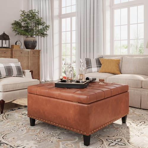 FiveWillowise Square Leather Ottoman with Storage, Leather Coffee Table Ottoman with Lift Top, Large Upholstered Footrest Stool Toy Box Storage for Livingroom Bedroom, Brown