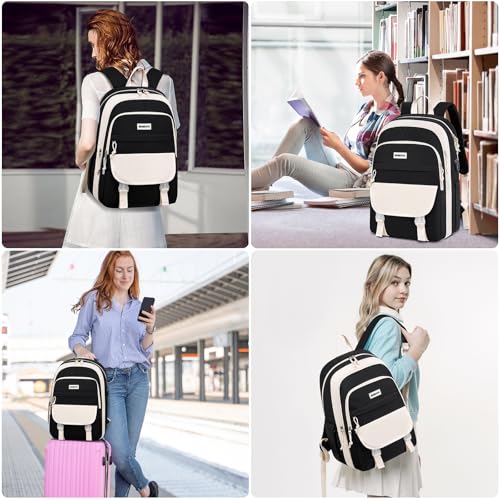 MOMUVO School Backpack Teens,Girls Backpack Womens Laptop Bookbag Cute Schoolbag with USB for Student, 15.6 inch, Beige Black2