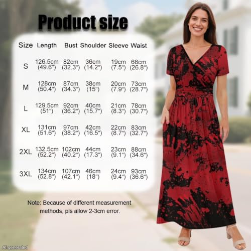 Image of Women's Fall Summer Short Sleeve Ankle Length V-Neck Party Dress with Pockets Size S-3XL