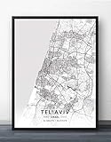  ZWXDMY Leinwand Bild,Israel Tel Aviv City Karte Schwarz Weiß Einfache Abstrakte Buchstaben Line Print Leinwand Gemalt Poster Rahmenlose Wandbild Kaffee Haus Dekoration Studie, 70 X 100 cm
