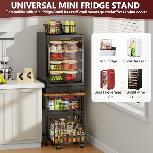 Image of Mini Fridge Stand with Storage, Small Refrigerator Stand with 2 Drawers, Mini Fridge Shelf Cabinet-Max Load 350 LBS Heavy Microwave Stand Mini Fridge Cart for Dorm, Apartment, Kitchen, (Brown)