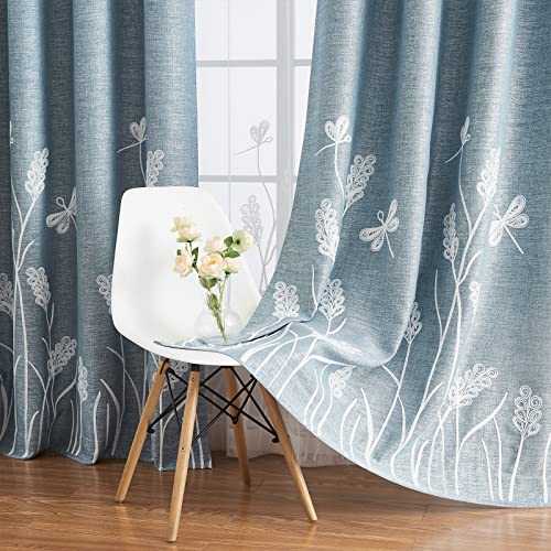 Melodieux Wheat Embroidery Faux Linen Blackout Wide Curtains For Living Room Patio Door Large Window Grommet Drape, White Wheat/Aqua Blue, 100 By 96 Inch (1 Panel) #TOP2