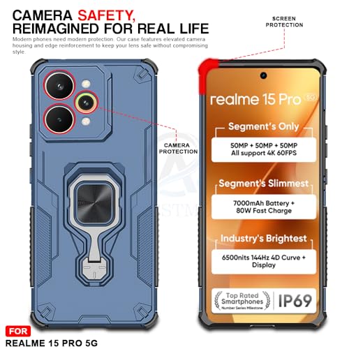 Image of AESTMO Armor Back Cover for Realme 15 Pro 5G | Ring Holder & Kickstand & Camera Protection in-Built | 360 Degree Protection Back Case Cover (Blue)
