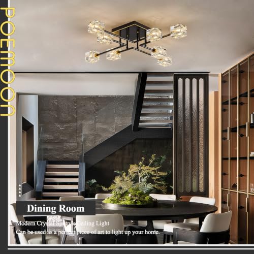 Image of Modern Black Gold Sputnik Chandeliers 8-Light Crystal Semi Flush Mount Ceiling Light Industrial L 31.5 inch Chandelier Lighting for Living Room Dining Room Foyer Entryway Kitchen Bedroom