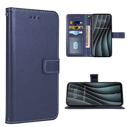 FDCWTSH Compatible with HTC Desire 20 Pro Wallet Case Wrist Strap Lanyard and Leather Flip Card Holder Stand Cell Accessories Mobile Folio Purse Phone Cover for HTC Desire 20Pro Women Men Blue