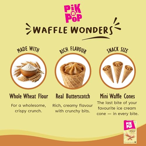 Image of Pik n Pop Butterscotch Mini Waffle Cones 70g (Pack of 2), Crispy Cones with Creamy Butterscotch Filling & Chunks, Whole Wheat, Non-Meltable Ready-to-Eat Snack, 100% Eggless