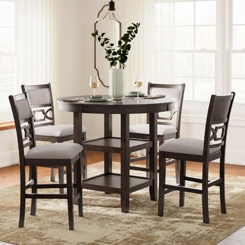 Image of Signature Design by Ashley Round Counter Height Dining Set for 4 | Built-in storage shelves, Beige polyester and foam stools, Solid wood and engineered wood frames, Cherry brown finish
