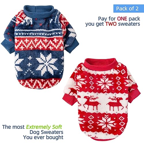 Image of FabriCastle Christmas Dog Sweater, 2-Pack Dog Clothes, Ultra Soft and Warm Pet Jackets for Small Dogs & Cats, Winter Pet Apparel Costumes, Puppy Outfits (Red,Blue, Small)