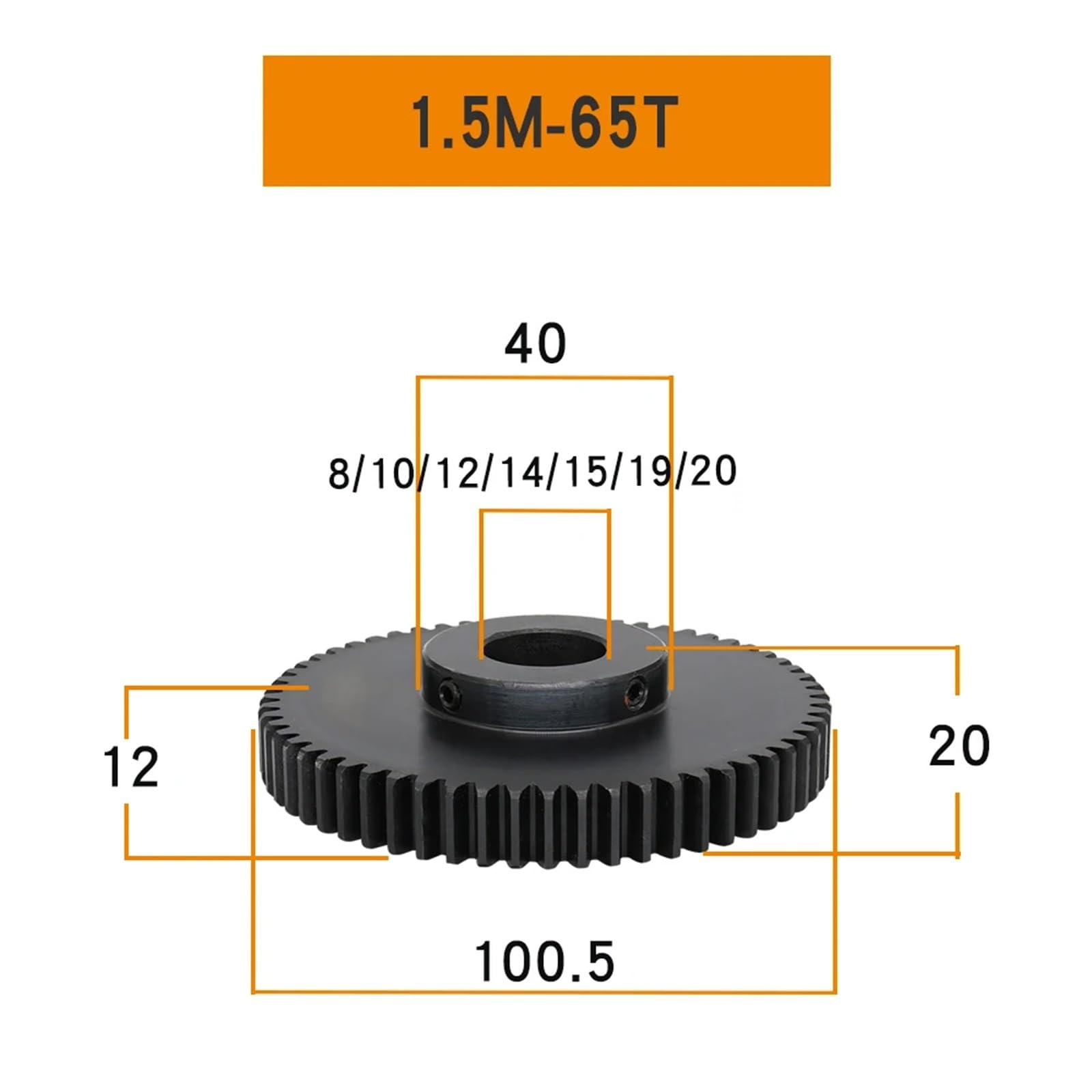 Engrenage cylindrique 1,5M-65T, alésage 12/14/15/16/17/20 mm, épaisseur des dents 12 mm, acier au carbone, 1 pièce(10 mm)