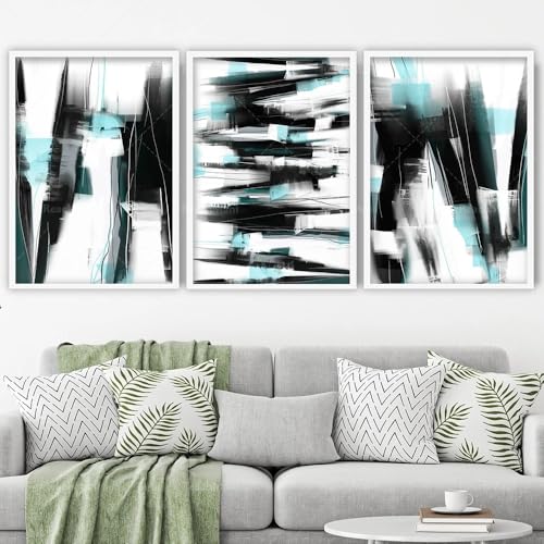 Impression sur toile abstraite noire turquoise déco murale salon triptyque encadré