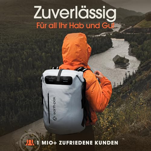 Earth Pak Summit wasserdichter Rucksack, Backpack mit leistungsstarkem Reißverschl 35Luss und Rolltop, wasserfester Handyhülle (Grau)