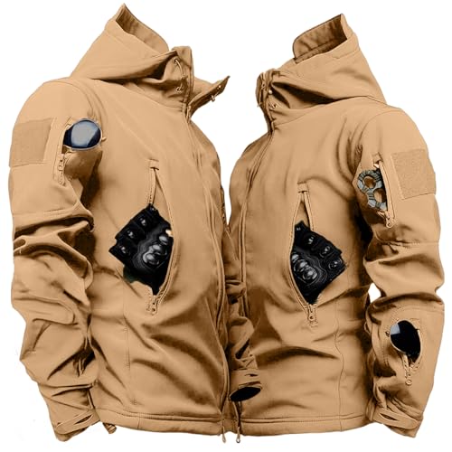 Image of Men's Tactical Fleece Lined Jacket Softshell Military Hooded 7 Pockets Windproof Outdoor Work Rain Coats Khaki M