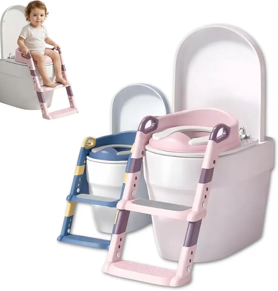 Redutor de Assento Infantil com Escadinha Almofadado Assento Sanitário para Crianças com Apoio Antiderrapante e Estrutura Ajustável Trono Troninho Escada (Rosa)