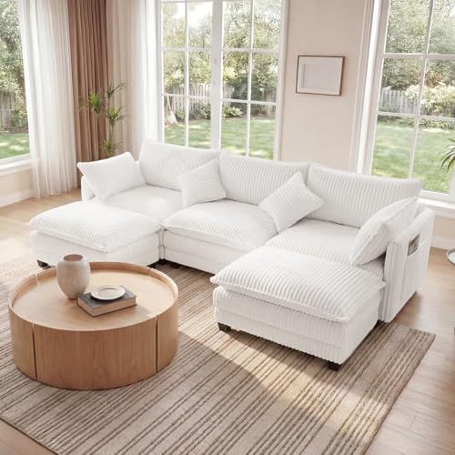 Image of Vesgantti 109 inch U Shaped Cloud Sectional Sofa, Comfy Corduroy Upholstered Sectional Modular Sofas for Living Room, Modern Modular Couch with 2 Ottoman Deep Seat, Warm White