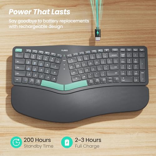 Nulea Wireless Ergonomic Keyboard, Split Keyboard with Cushioned Wrist Rest, USB and Bluetooth Connectivity, USB-C Rechargeable, Compatible with Windows Mac - Image 4