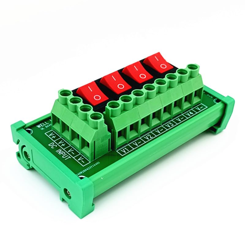 DIN Rail Mount 4 Channel Red Rocker Switch DC Power Distribution Strip Module.